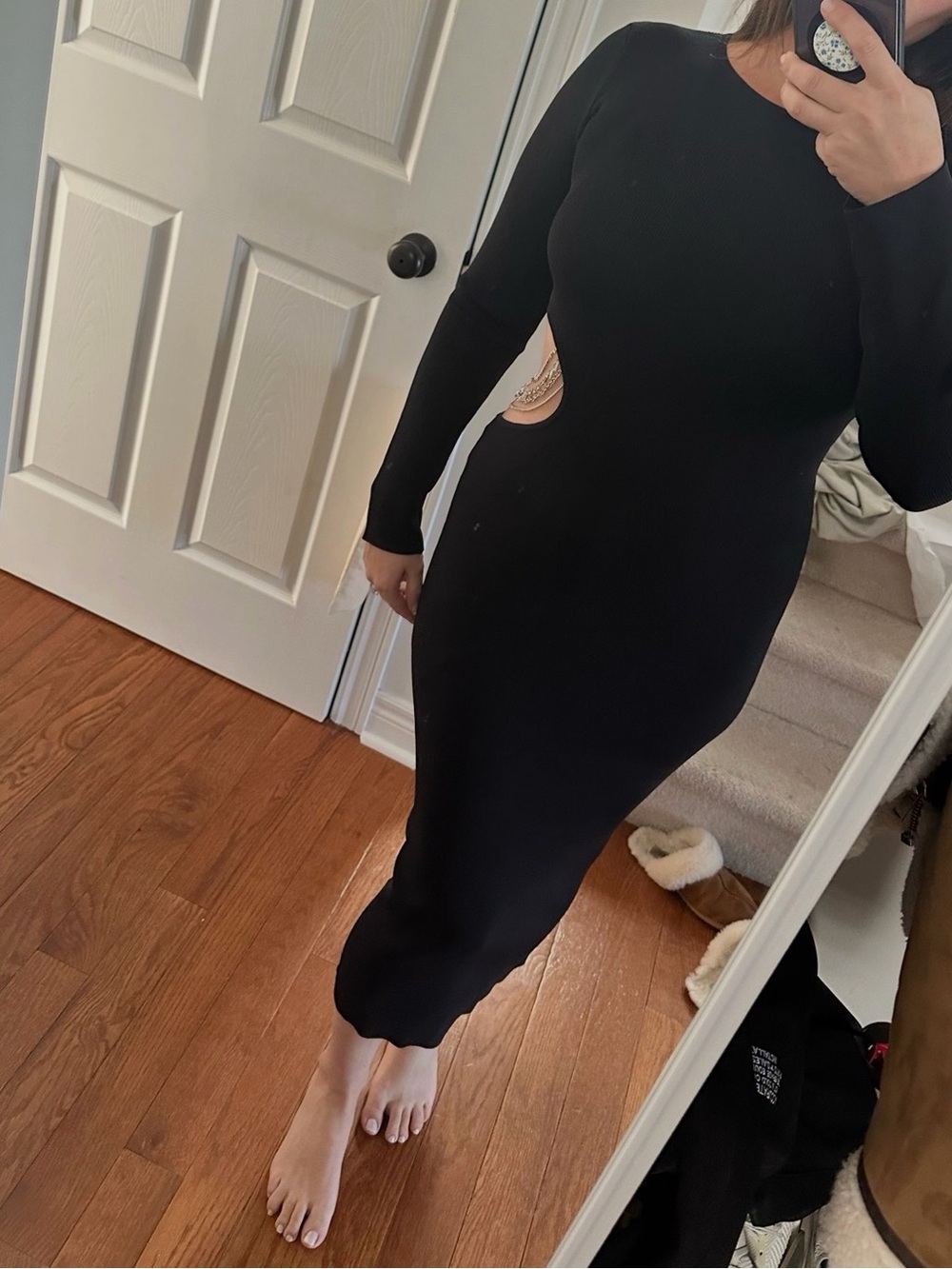 Zara Black Long Sleeve Cutout Midi Dress